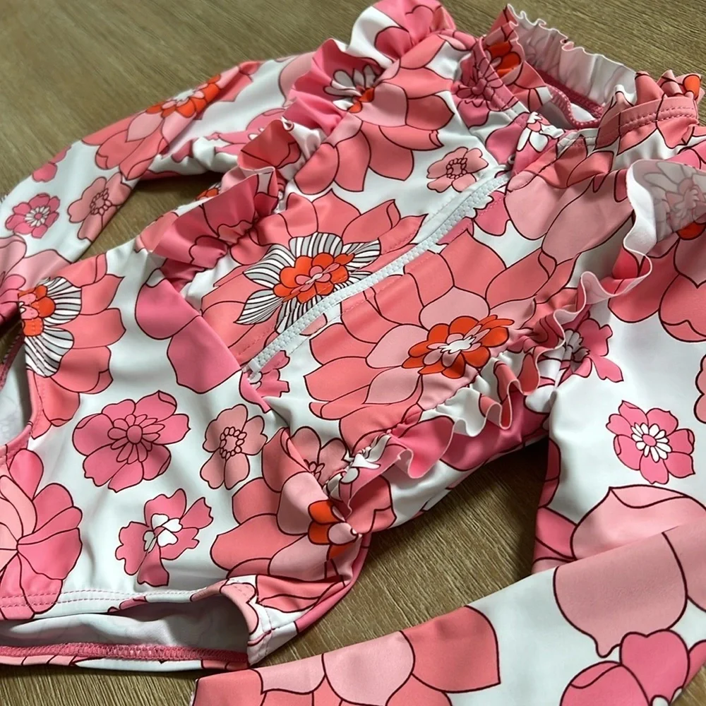Retro Pink Floral Print Rashguard Swimsuit  18-24 months
